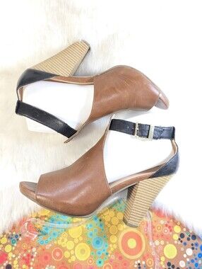 Bongo Ballade Brown Began Peep-Toe Sandal with Black Heel & Ankle Strap
